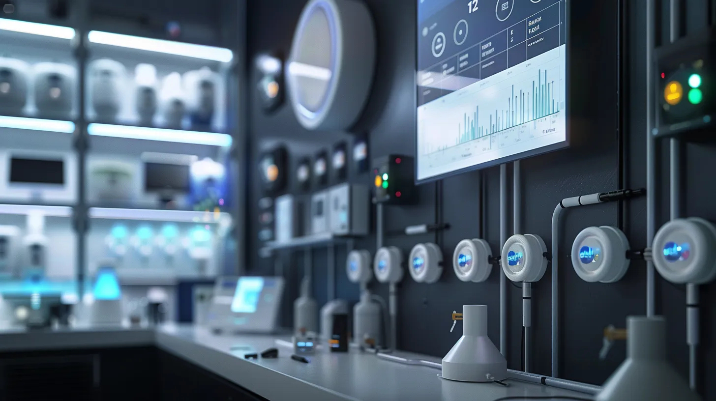 Advanced IoT, environmental monitoring lab setup, showcasing integrated laboratory sensor systems