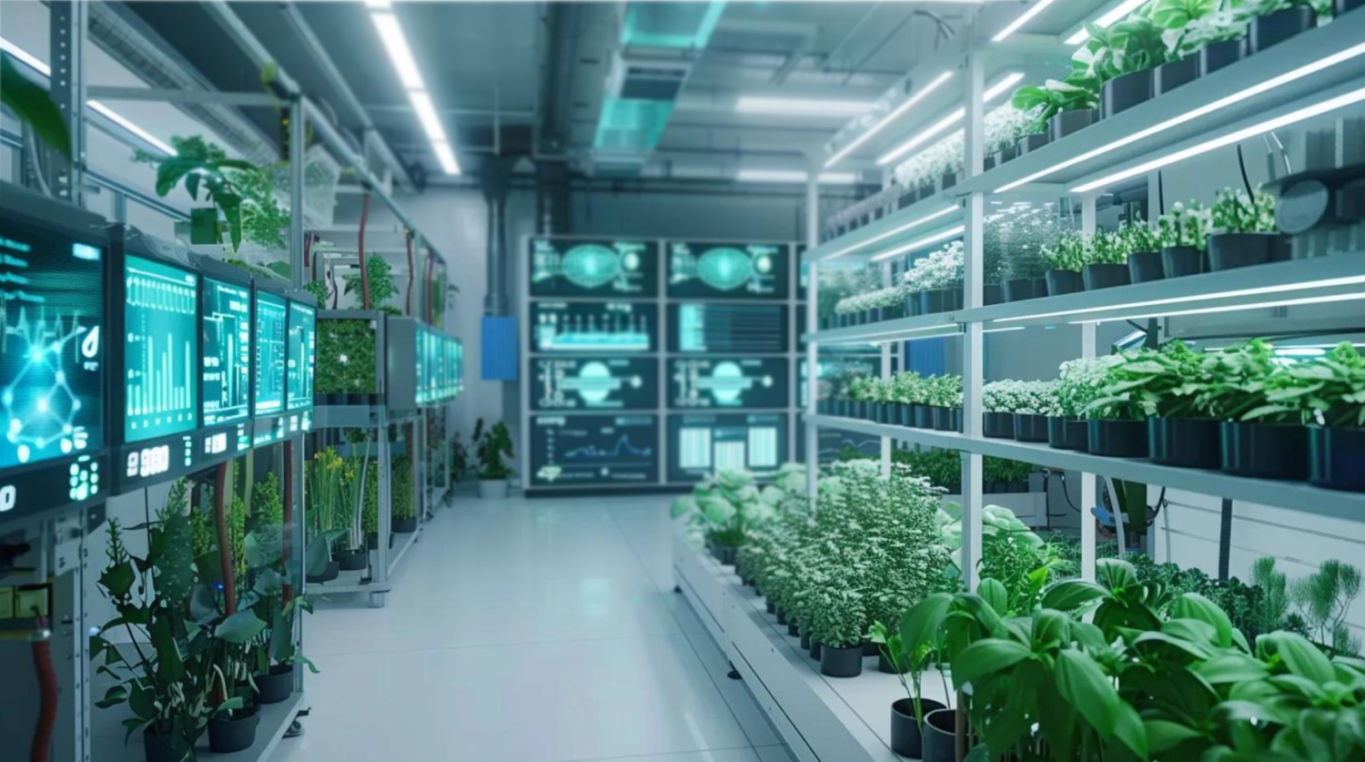 Modern agricultural facility with IOT monitoring temperature, air quality, and humidity. Digital displays showing real-time data.